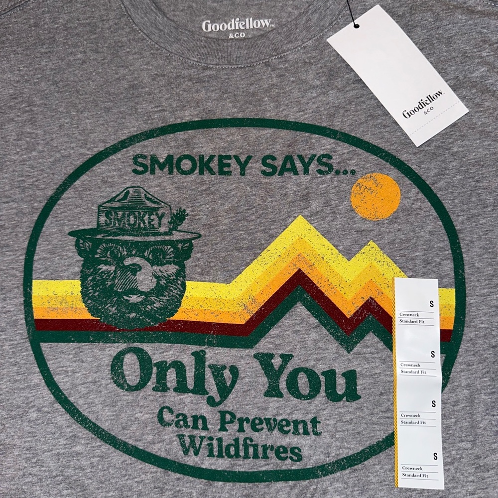 Smokey the Bear Graphic Logo Tshirt, Gray Tee, NWT, Sz Small Men’s, Retro